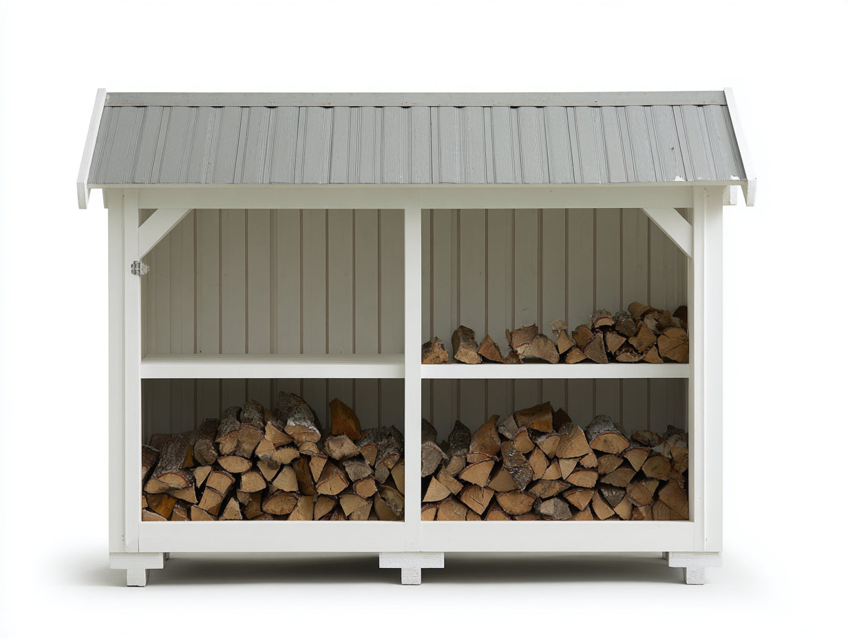 Leñero de exterior de madera 190x75x160 cm - Blanco-Gris - Techo inclinado para jardín