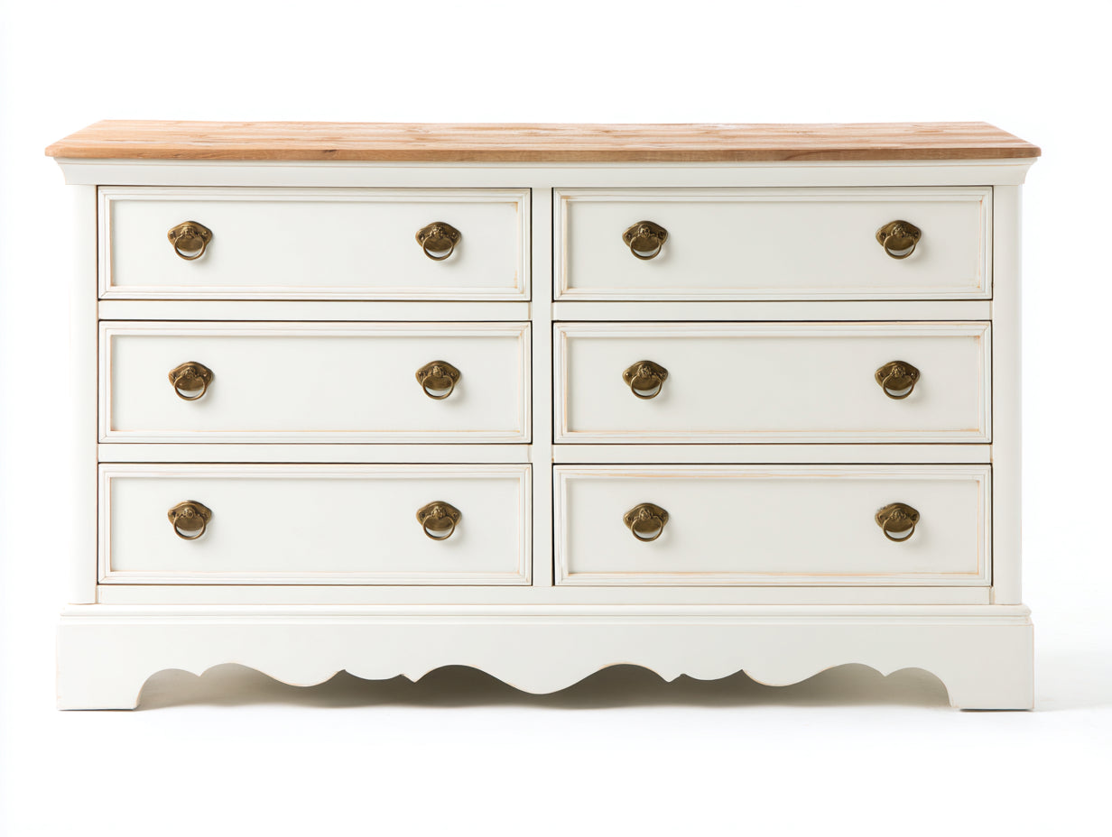 Cómodas de madera 130x45x85 cm - Blanco-Roble natural - Estilo clásico con 6 cajones para dormitorio