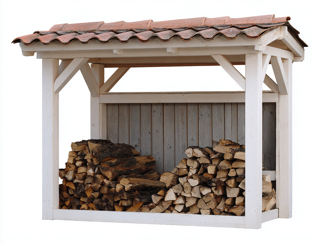 Leñero de exterior de madera con tejado 210x80x180 cm - blanco gris y terracota - estilo rústico para jardín