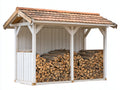 Leñero de exterior de madera 320x95x190 cm - blanco y teja - tejado a dos aguas