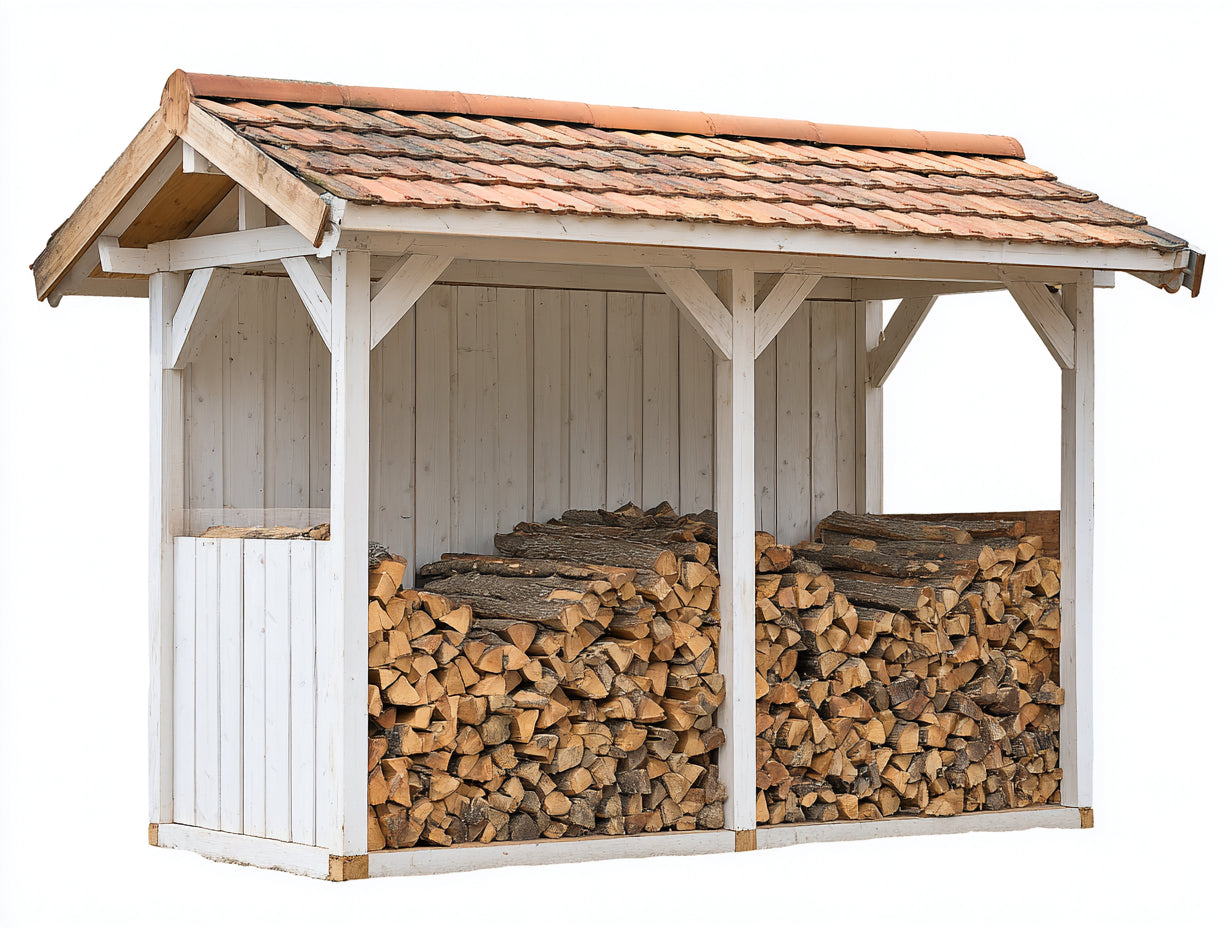 Leñero de exterior de madera 320x95x190 cm - blanco y teja - tejado a dos aguas