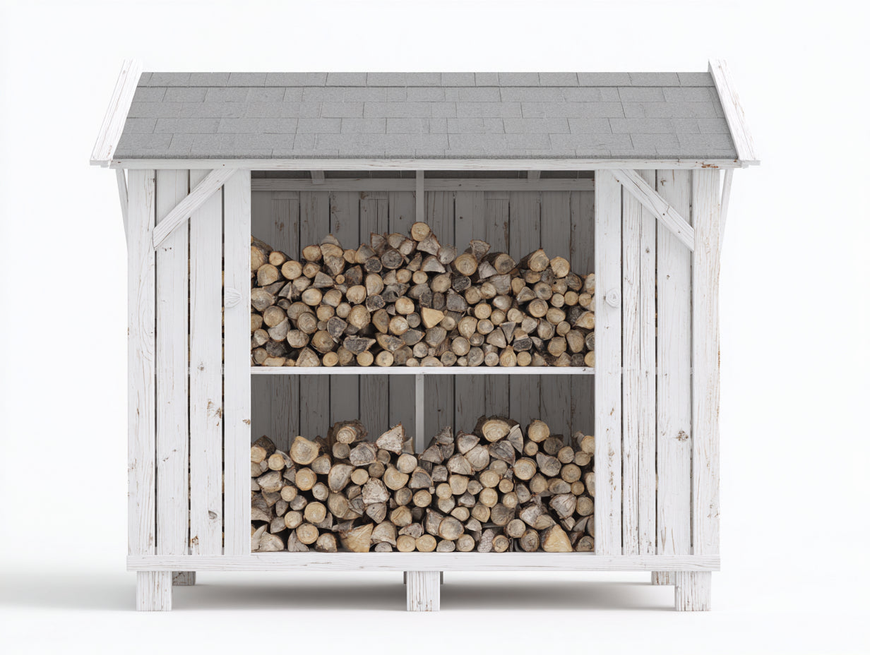 Leñero de exterior de madera maciza 180x65x170 cm blanco y gris para jardín con tejado inclinado y 2 niveles
