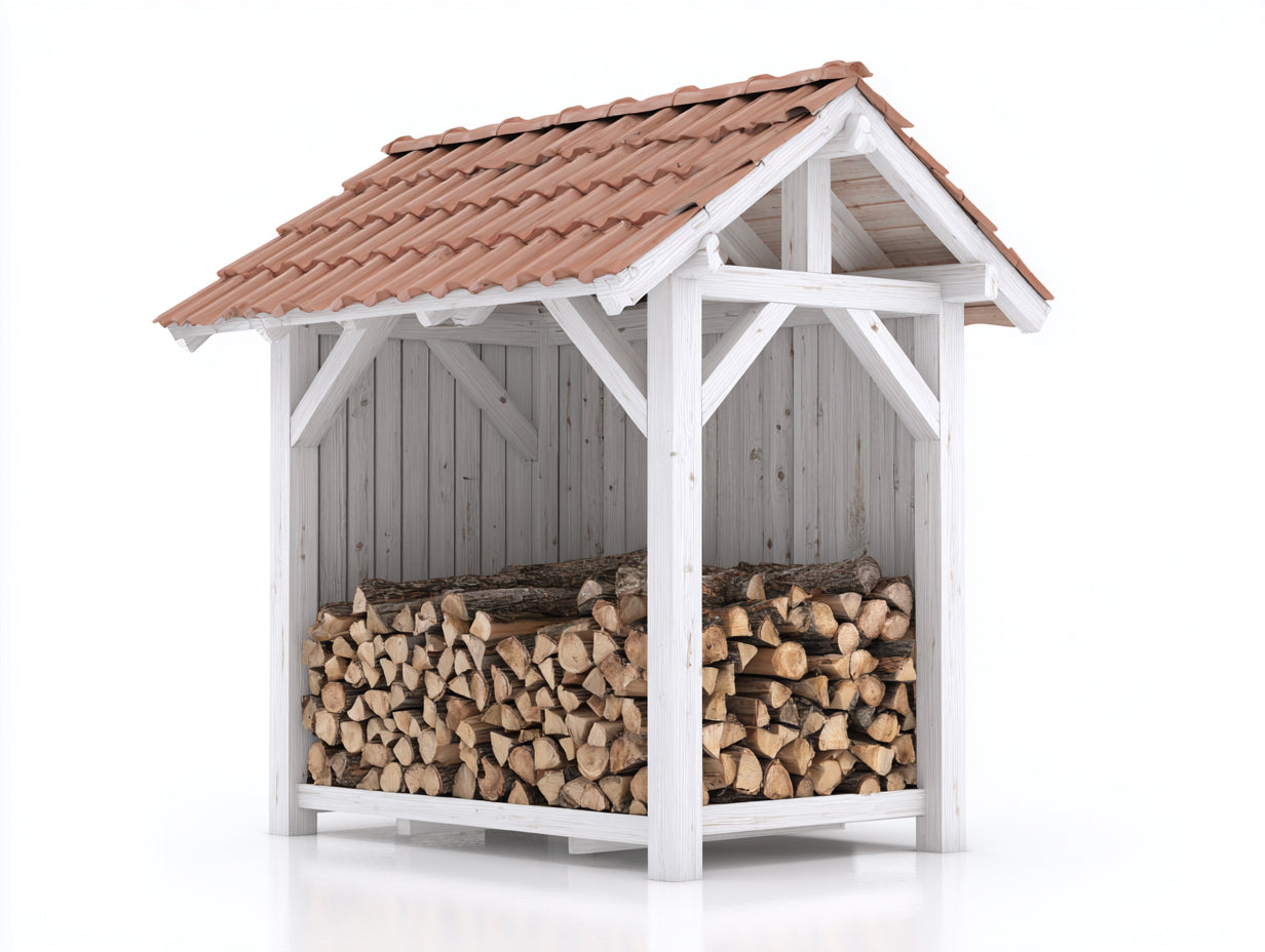 Leñero de exterior de madera 160x80x180 cm - blanco y terracota - techo inclinado estilo rústico