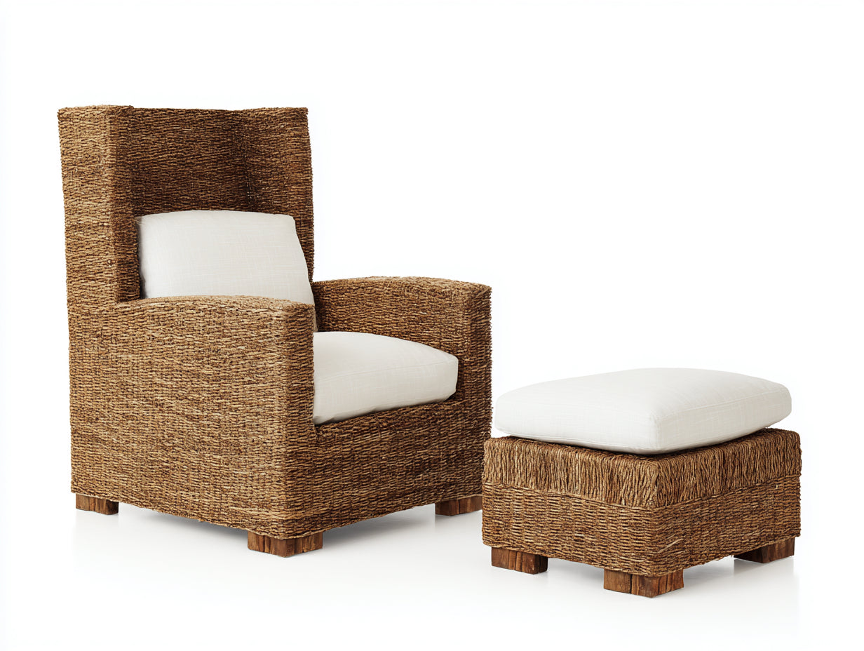 Sillones de ratán con reposapiés 85x80x115 cm - marrón natural - estilo rústico para salón y terraza