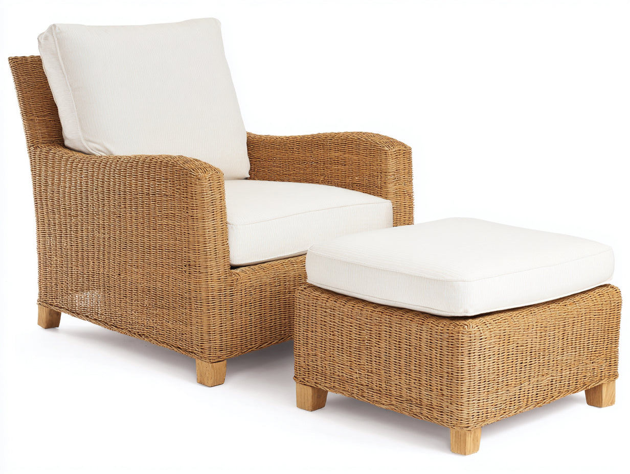 Sillones de ratán con reposapiés 85x90x98 cm - ratán natural y blanco - estilo mediterráneo