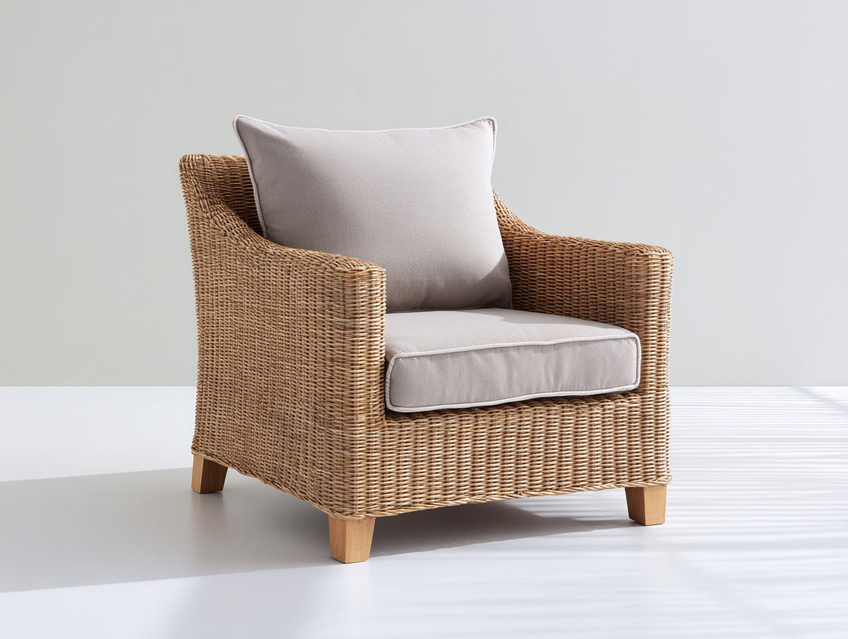 Sillones de ratán natural 90x84x80 cm gris claro para jardín y terraza estilo rústico con brazos amplios
