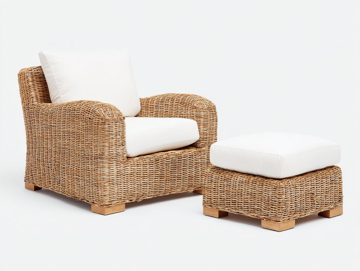 Sillones de ratán natural 88x80x82 cm para jardín y terraza con reposapiés estilo rústico