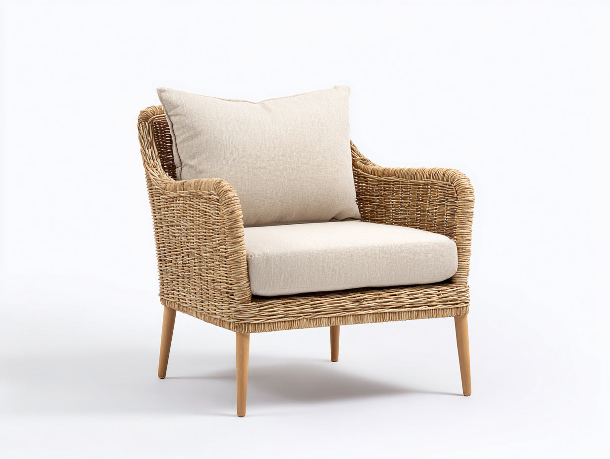 Sillones de ratán 78x76x82 cm - ratán natural y beige - patas de madera estilo mediterráneo