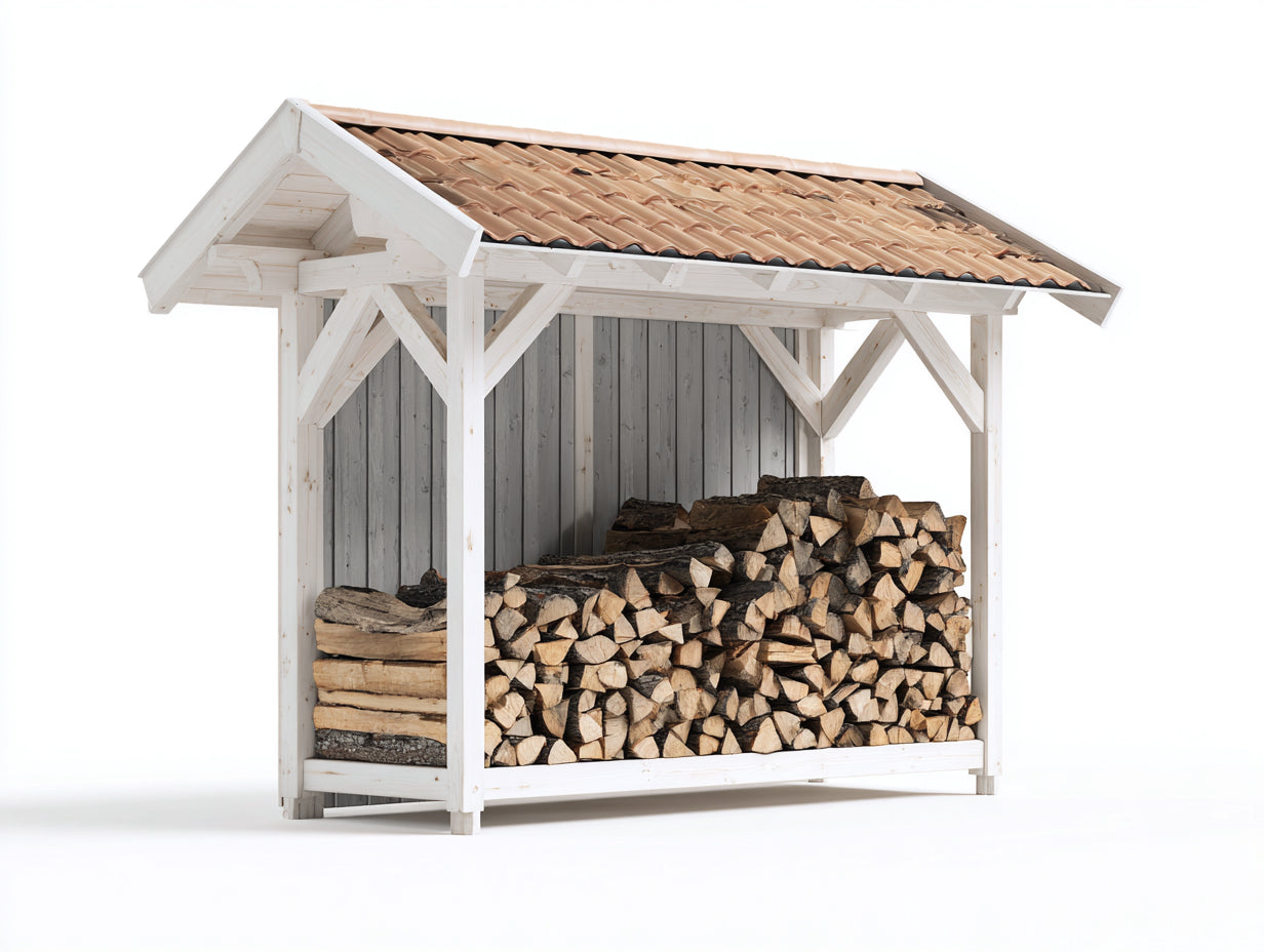 Leñero de exterior de madera maciza 240x90x210 cm blanco gris y terracota para jardín con tejado a dos aguas