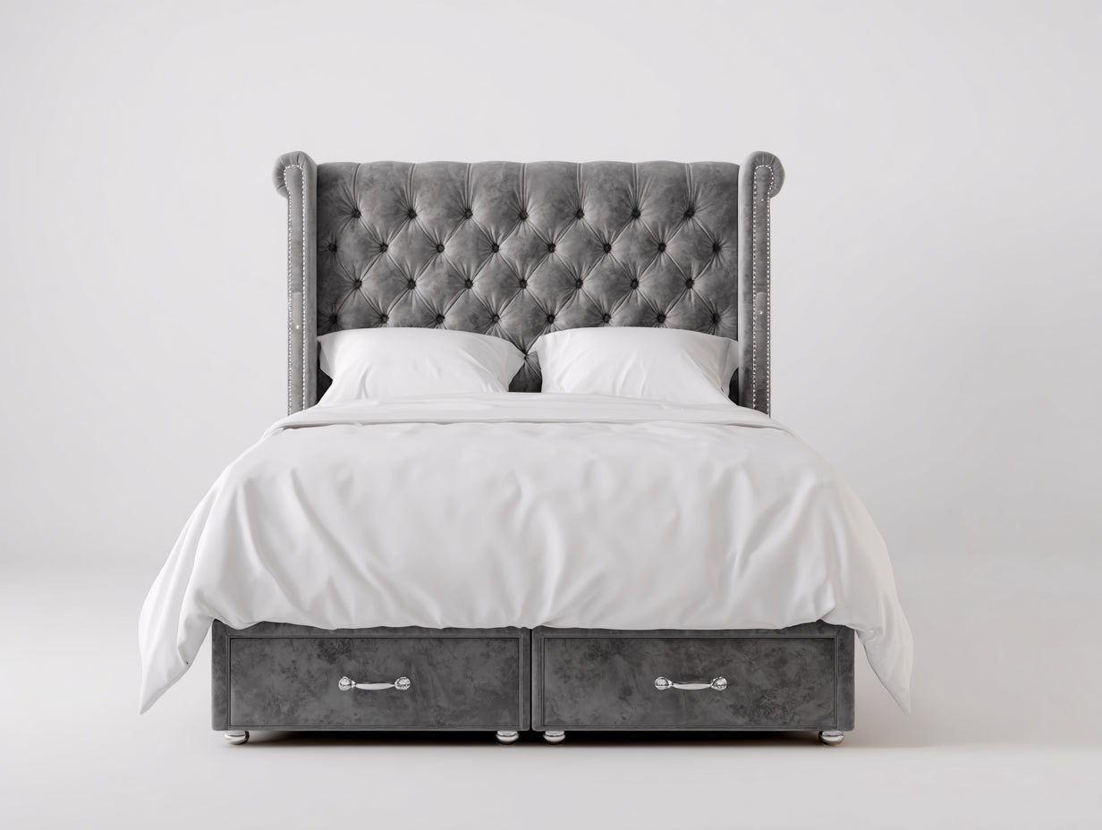 Camas dobles tapizadas 200x180x135 cm - Gris - Estilo capitoné con almacenaje para dormitorio