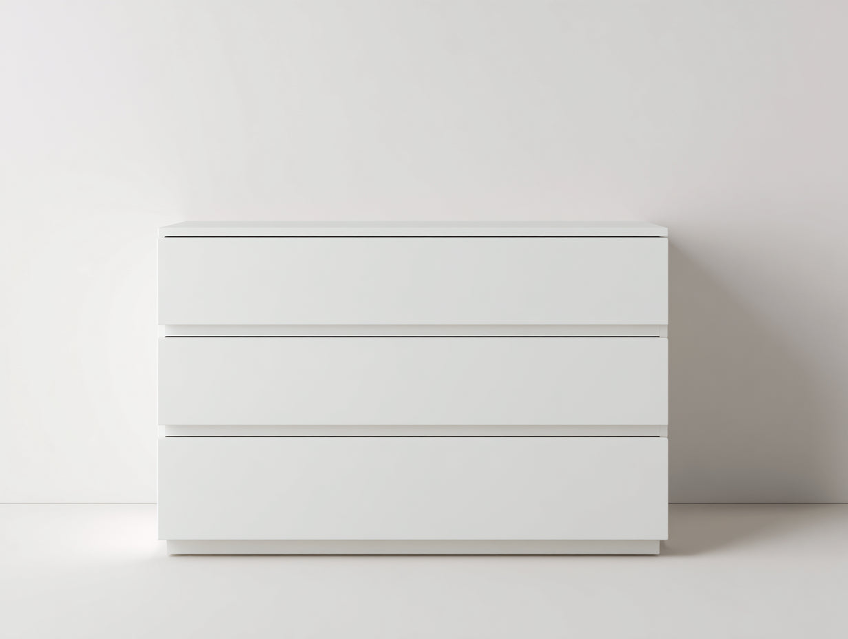 Cómodas de MDF blancas 120x40x75 cm para dormitorio estilo moderno con 3 cajones