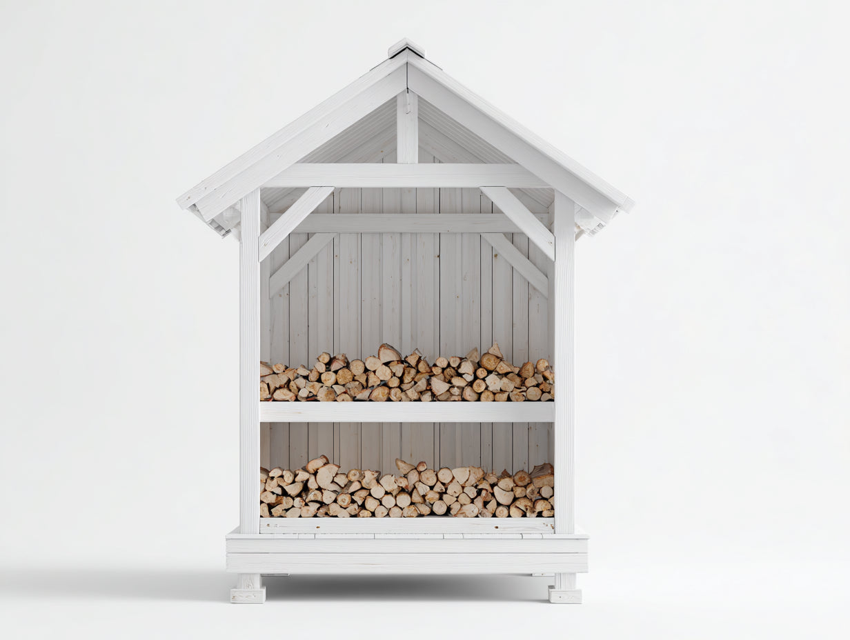 Leñero de exterior de madera 180x80x210 cm - blanco - dos niveles con tejado a dos aguas