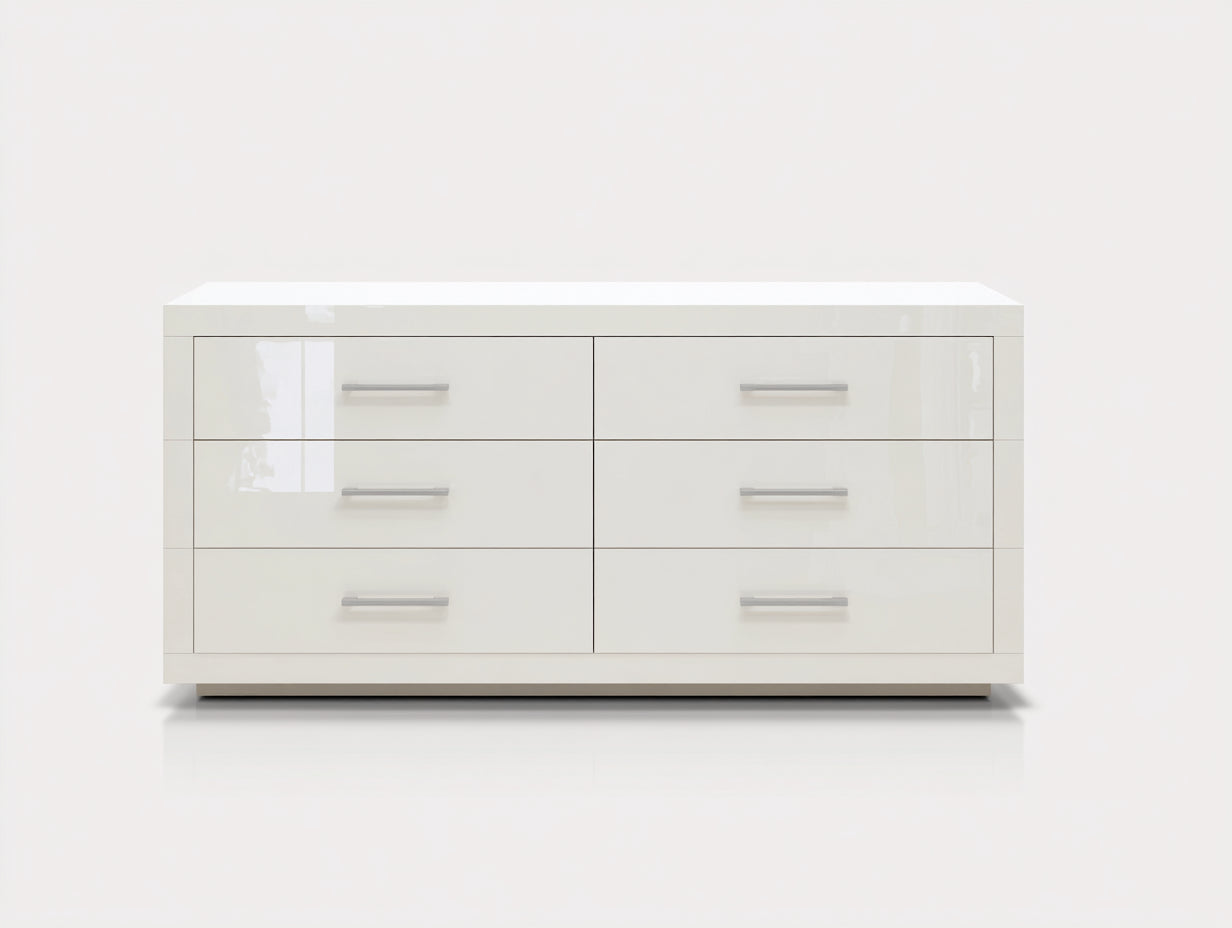 Cómodas de madera con 6 cajones 140x45x75 cm - blanco brillo - diseño moderno para dormitorio