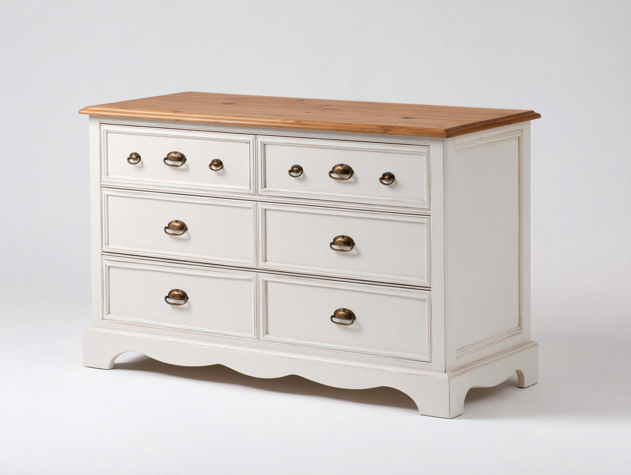 Cómodas de madera 140x45x82 cm - blanco crema y roble natural - estilo clásico con 6 cajones