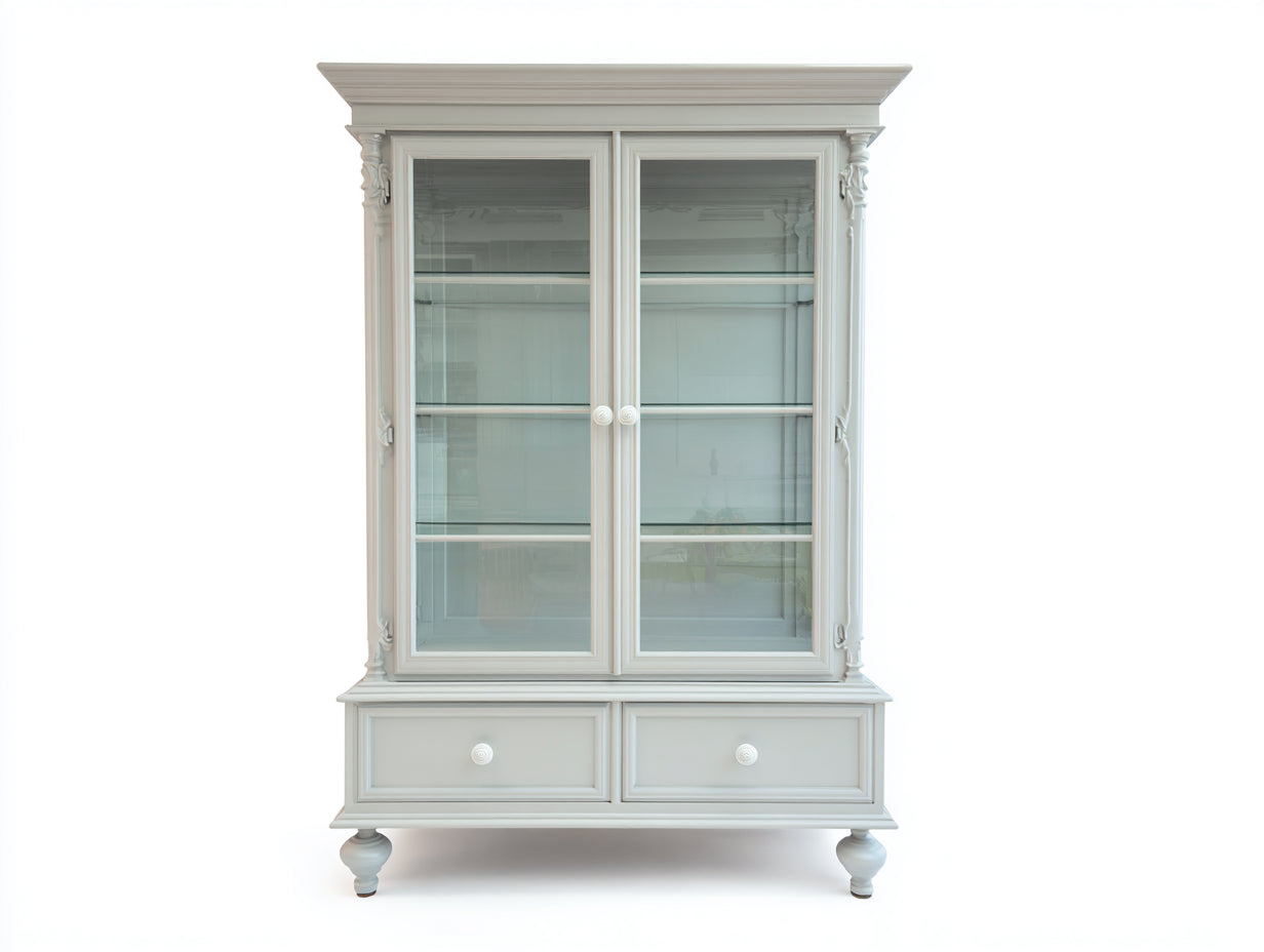 Vitrina de MDF y vidrio 110x42x200 cm blanca para salón y comedor estilo clásico con dos puertas