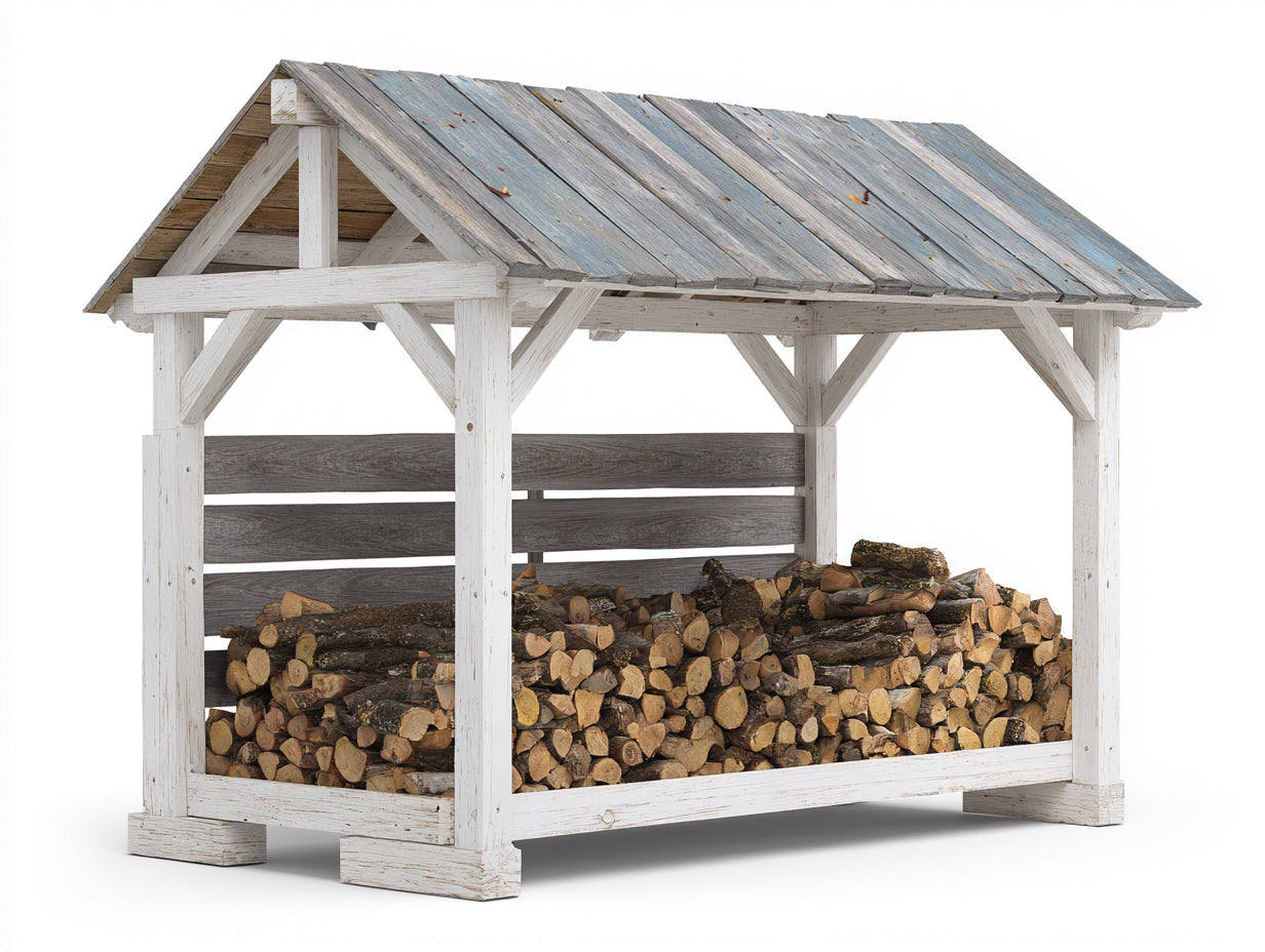 Leñero de exterior de madera con tejado 230x90x185 cm - blanco gris y azul envejecido - estilo rústico para jardín