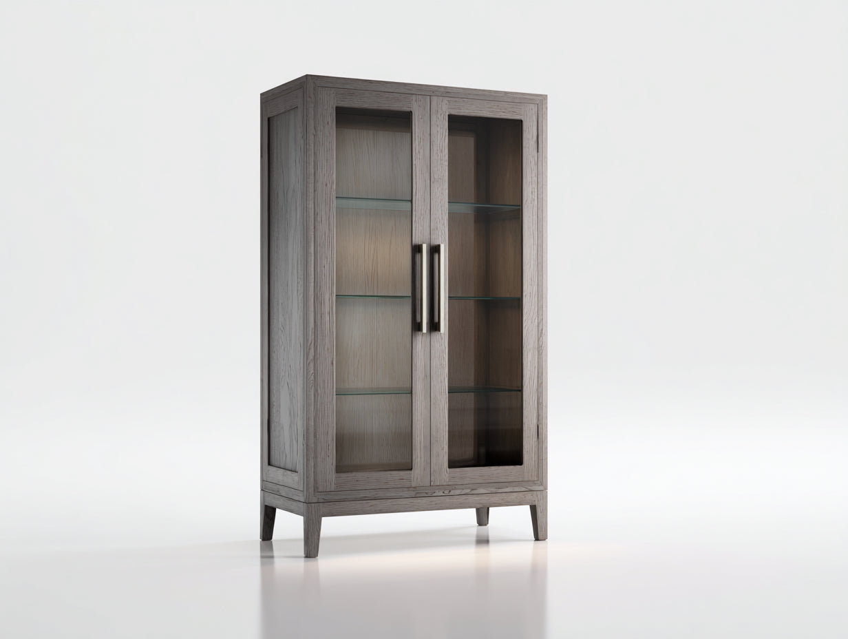 Vitrina de madera y vidrio 90x40x160 cm - Gris claro - Diseño moderno para salón