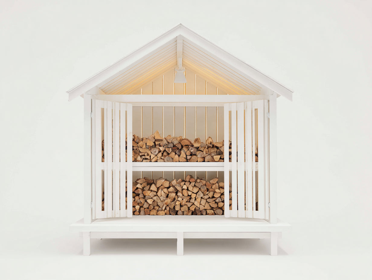 Leñero de exterior de madera 170x80x190 cm - blanco y madera natural - puertas abatibles estilo caseta