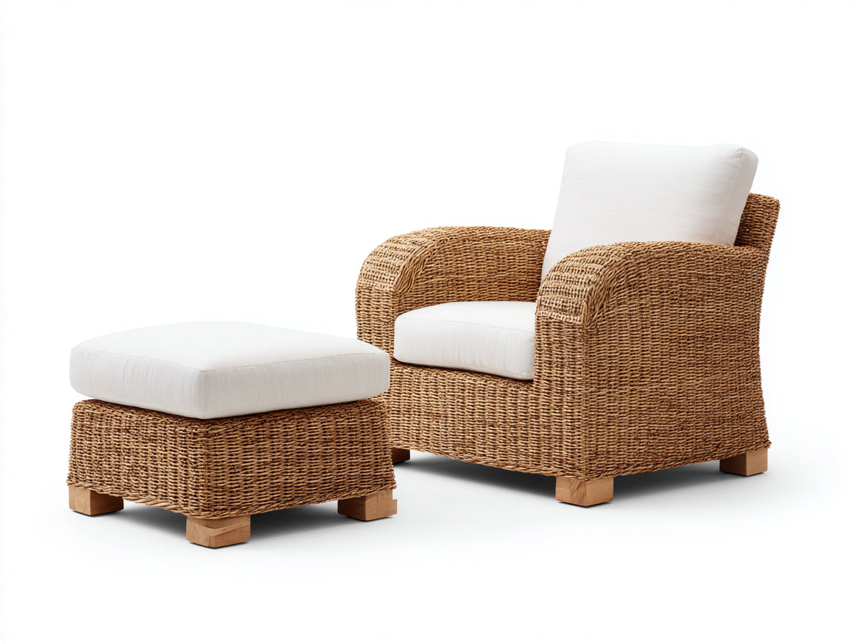 Sillones de ratán natural 95x90x85 cm - blanco - con reposapiés