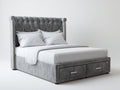 Camas dobles tapizada en tela aterciopelada gris 218x170x145 cm para dormitorio con cabecero capitoné y 2 cajones