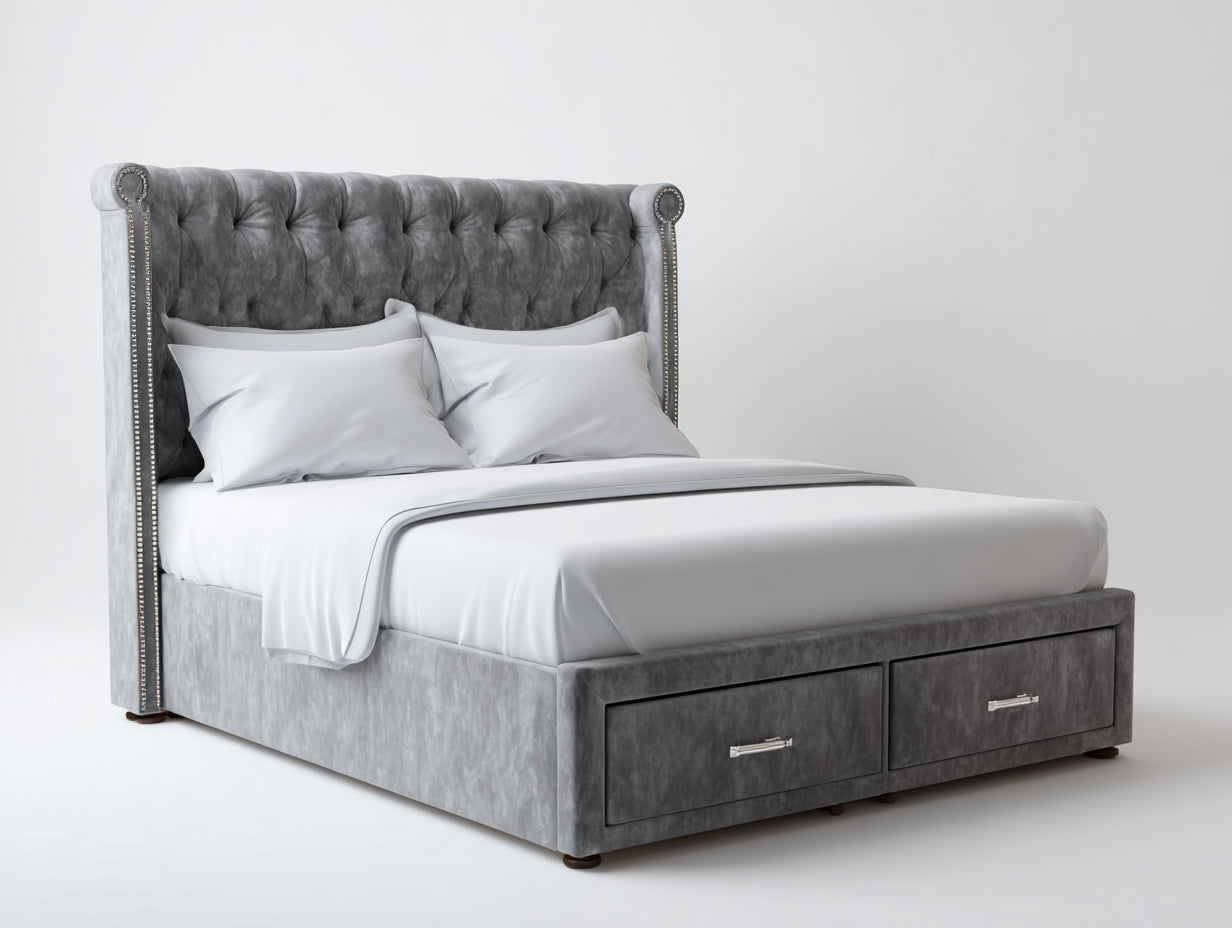 Camas dobles tapizada en tela aterciopelada gris 218x170x145 cm para dormitorio con cabecero capitoné y 2 cajones
