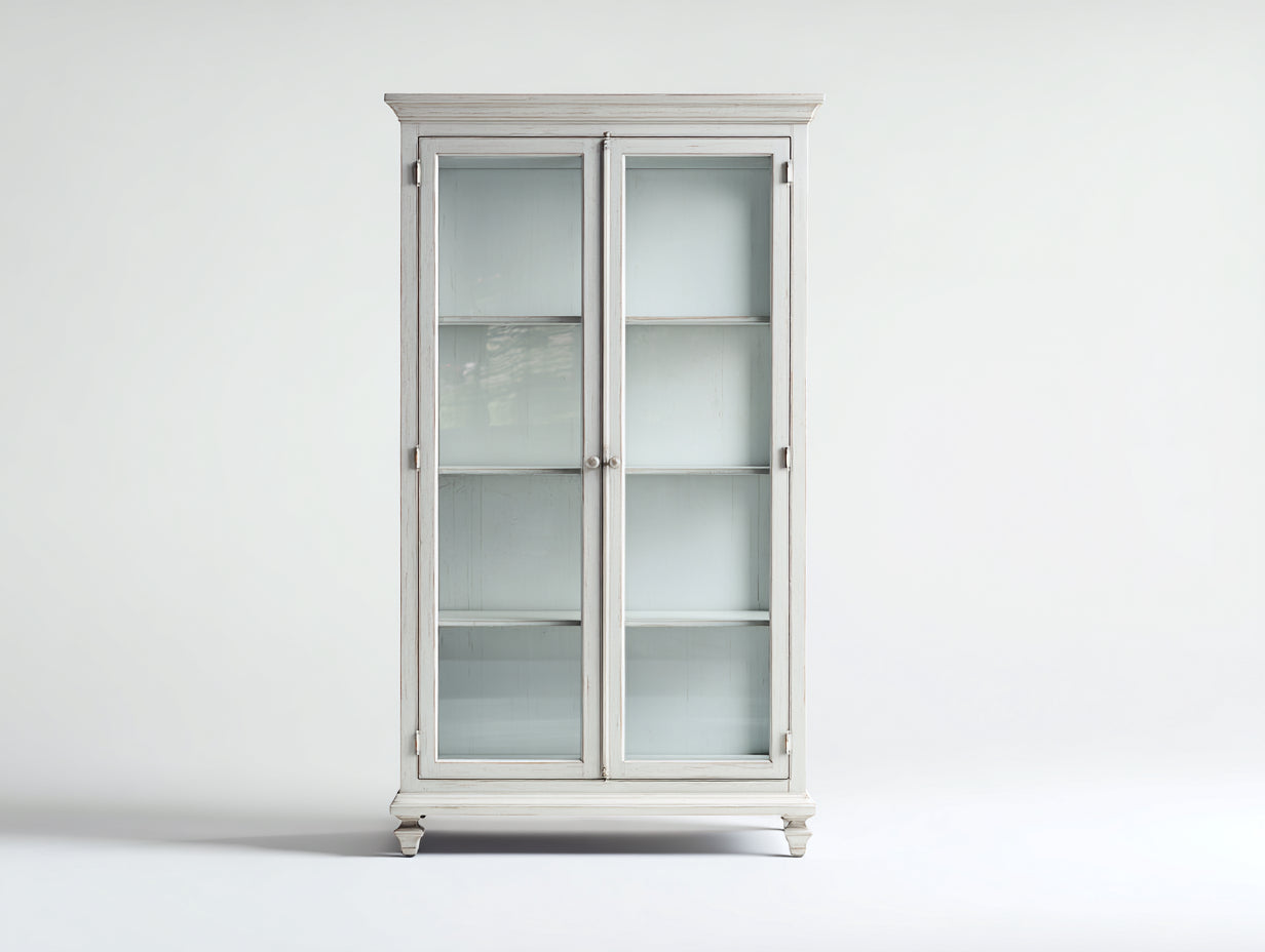Vitrina de madera 92x38x180 cm - blanco envejecido - 2 puertas de cristal estilo vintage