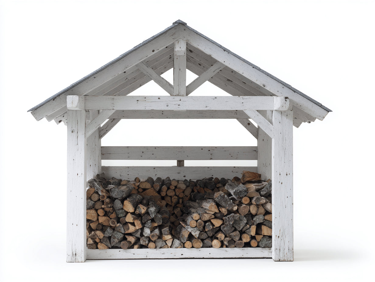 Leñero de exterior de madera 170x75x180 cm - Blanco-Gris - Techo inclinado para jardín