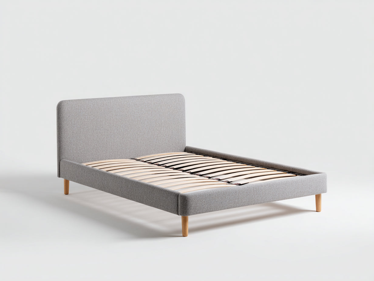 Camas dobles tapizada 210x160x105 cm - gris claro y madera natural - somier de láminas estilo nórdico